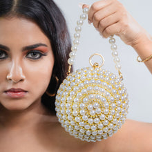 Load image into Gallery viewer, Sassora Pearl Sphere Rhinestone Clutch with Bead Handle &amp; Detachable Chain