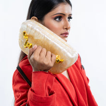 Load image into Gallery viewer, Sassora Premium Pearl Finish Acrylic Clutch with Sculpted Gold Handle &amp; Detachable Chain