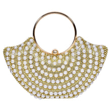 Load image into Gallery viewer, Sassora Pearl &amp; Rhinestone Frame Clutch with Circular Ring Handle &amp; Detachable Chain