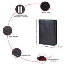 Load image into Gallery viewer, Sassora Black leather wallet with features highlighted on a white background

