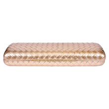 Load image into Gallery viewer, Sassora Metallic Gold Woven Pattern Frame Clutch with Detachable Chain Strap