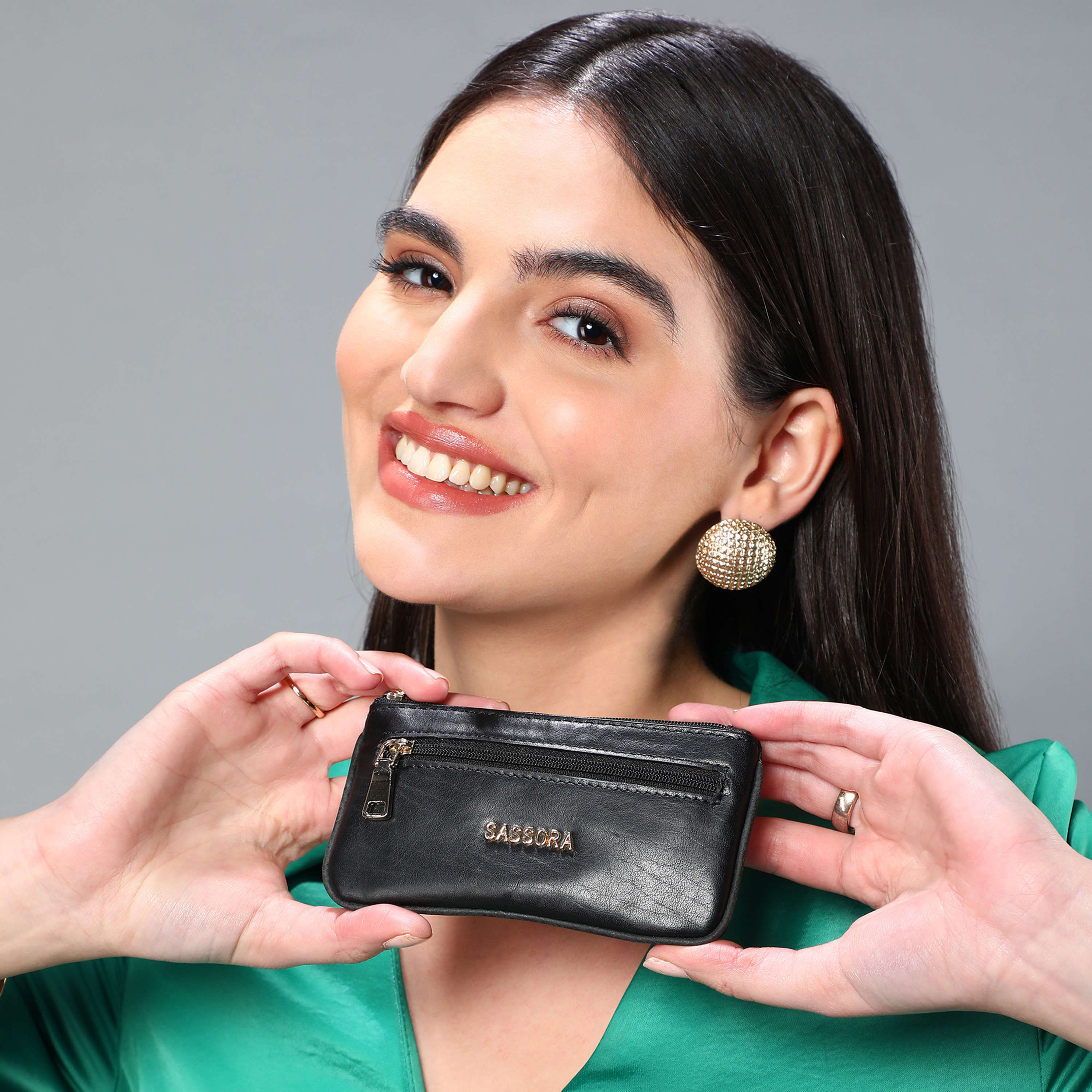Sassora Genuine Leather Small Black Unisex Key Pouch