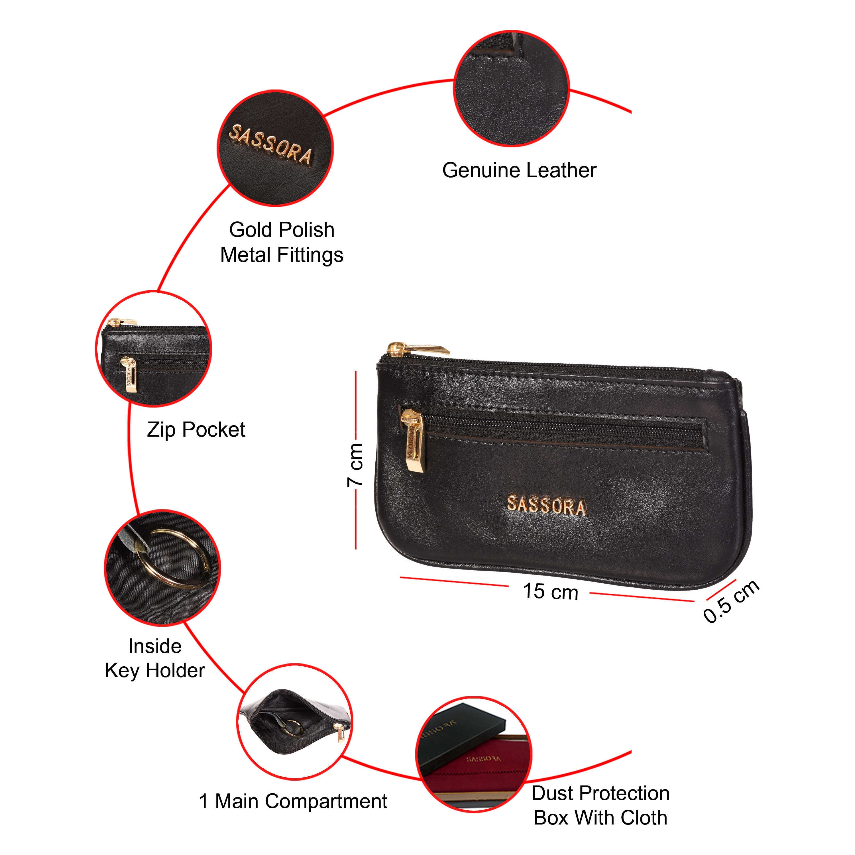 Sassora Genuine Leather Small Black Unisex Key Pouch
