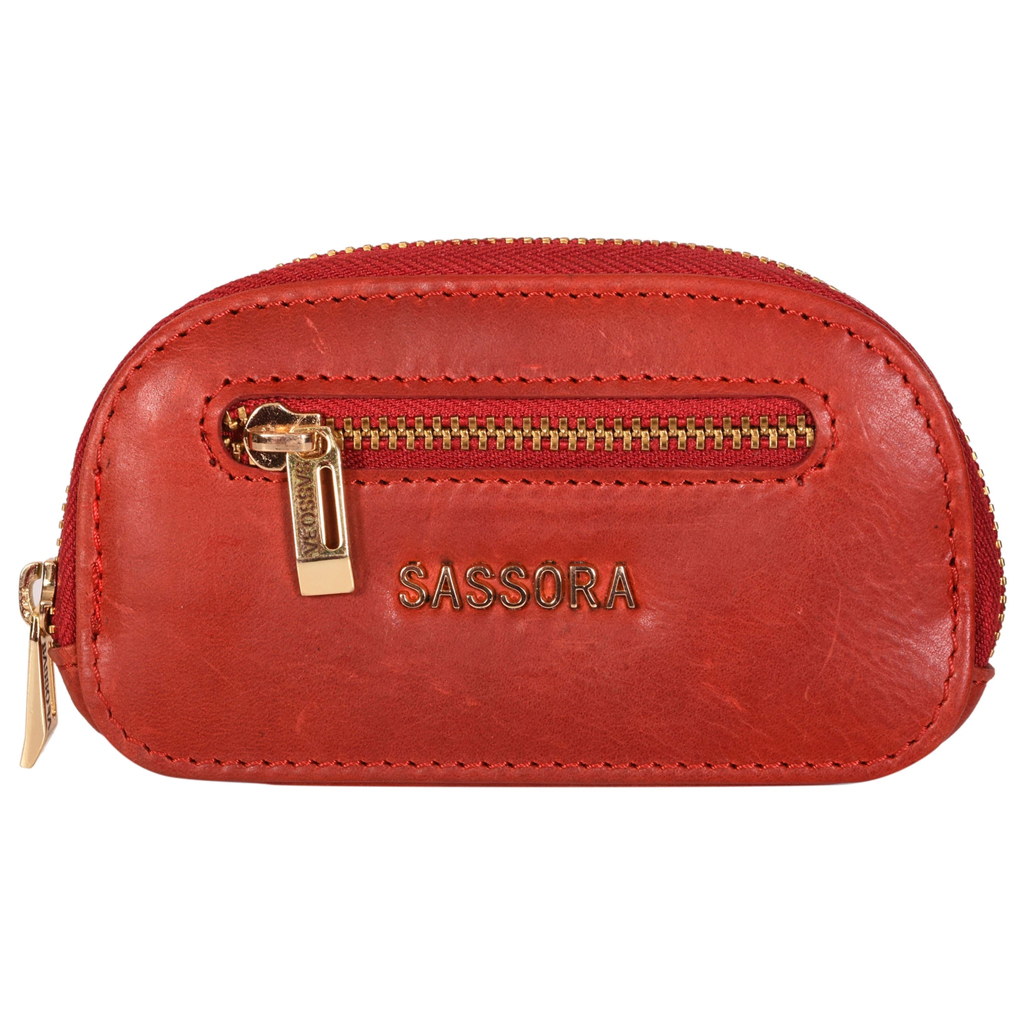 Sassora Genuine Premium Leather Unisex Red Gold Polish Key Case
