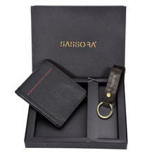 Load image into Gallery viewer, Sassora Genuine Leather Black &amp; Red Men's Wallet and Keyring Gift Combo Set (Pack Of 2)