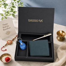 Load image into Gallery viewer, Sassora Genuine Leather Navy Men's Wallet, Metal Pen &amp; Keyring Gift Combo Set (Pack Of 3)