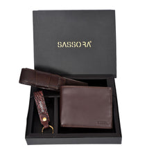 Load image into Gallery viewer, Sassora Genuine Leather Brown Men's Wallet, Pen Case &amp; Keyring Gift Combo Set (Pack Of 3)
