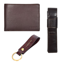 Load image into Gallery viewer, Sassora Genuine Leather Brown Men's Wallet, Pen Case &amp; Keyring Gift Combo Set (Pack Of 3)