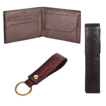 Load image into Gallery viewer, Sassora Genuine Leather Brown Men's Wallet, Pen Case &amp; Keyring Gift Combo Set (Pack Of 3)