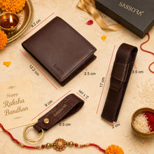 Load image into Gallery viewer, Sassora Genuine Leather Brown Men's Wallet, Pen Case &amp; Keyring Gift Combo Set (Pack Of 3)