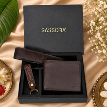 Load image into Gallery viewer, Sassora Genuine Leather Brown Men's Wallet, Pen Case &amp; Keyring Gift Combo Set (Pack Of 3)