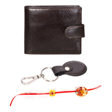 Load image into Gallery viewer, Sassora Genuine Leather Men's Wallet, Keyring &amp; Rakhi with Roli &amp; Chawal Gift Combo Set (Pack Of 3)