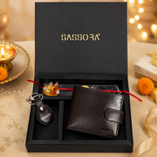 Load image into Gallery viewer, Sassora Genuine Leather Men's Wallet, Keyring &amp; Rakhi with Roli &amp; Chawal Gift Combo Set (Pack Of 3)