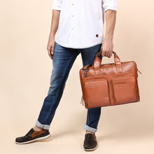 Load image into Gallery viewer, SASSORA Genuine Leather Messenger Bag for Men | 17 Inch Laptop Sleeve | Multiple Zip Compartments | Office &amp; Travel Briefcase | Tan