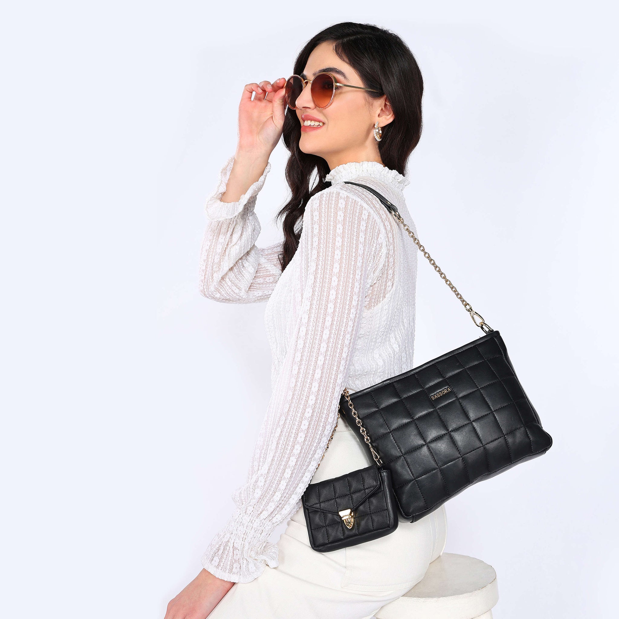 Sassora Genuine Leather Black Quilted Designed Shoulder Bag