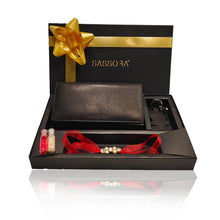 Load image into Gallery viewer, Sassora Black Genuine Leather Ladies RFID Travel Wallet, Keychain and Rakhi Combo Set(SSRA6 Gift-for Her)
