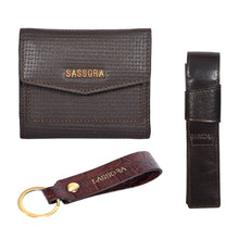 Load image into Gallery viewer, Sassora Genuine Leather Brown Women's Wallet, Pen Case &amp; Keyring Gift Combo Set