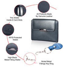 Load image into Gallery viewer, Sassora Genuine Leather Metallic Blue Women's Wallet, Metal Pen &amp; Keyring Gift Combo Set (Pack of 3)