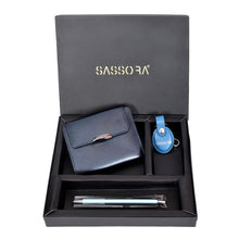 Load image into Gallery viewer, Sassora Genuine Leather Metallic Blue Women's Wallet, Metal Pen &amp; Keyring Gift Combo Set (Pack of 3)