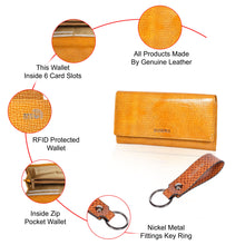 Load image into Gallery viewer, Sassora Genuine Leather Yellow Women's Wallet, Keyring &amp; Rakhi Gift Combo Set