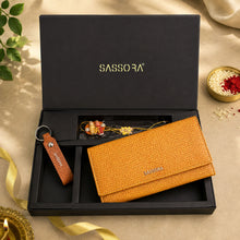 Load image into Gallery viewer, Sassora Genuine Leather Yellow Women's Wallet, Keyring &amp; Rakhi Gift Combo Set