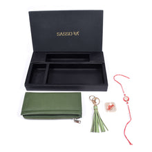 Load image into Gallery viewer, Sassora Raksha Bandhan Gift Combo – Green RFID Wallet &amp; Tassel Keyring for Sister
