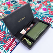 Load image into Gallery viewer, Sassora Raksha Bandhan Gift Combo – Green RFID Wallet &amp; Tassel Keyring for Sister
