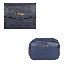 Load image into Gallery viewer, Sassora Raksha Bandhan Gift Combo – Navy Wallet &amp; Blue Pouch Set for Sister
