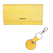 Load image into Gallery viewer, Sassora Raksha Bandhan Gift Combo – Yellow RFID Wallet &amp; Keyring for Sister
