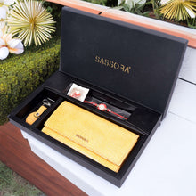 Load image into Gallery viewer, Sassora Raksha Bandhan Gift Combo – Yellow RFID Wallet &amp; Keyring for Sister
