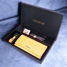 Load image into Gallery viewer, Sassora Raksha Bandhan Gift Combo – Yellow RFID Wallet &amp; Keyring for Sister
