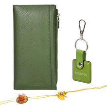 Load image into Gallery viewer, Sassora Genuine Leather Green Women's Wallet, Keyring &amp; Rakhi with Roli &amp; Chawal Gift Combo Set